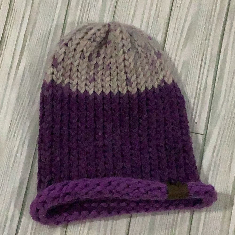 Handmade knitted purple gray winter hat